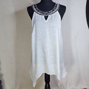 AB Studio White Handkerchief Hem Sleeveless Rayon Poly Gauze Beaded Tank Size XL